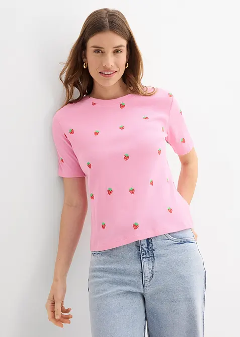 T-shirt a costine in puro cotone biologico con ricami, bonprix