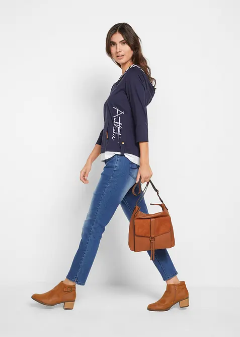 Maglia con cappuccio e maniche a 3/4 in puro cotone, bonprix