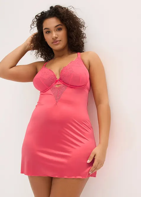 Baby-doll in materiale lucido con ricami floreali, bonprix