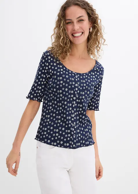 Maglia a costine in puro cotone con stampa a fiori, bonprix