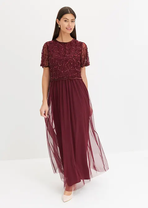 Abito lungo in fine tulle con ricamo e paillettes, bonprix