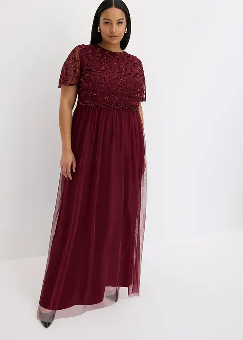 Abito lungo in fine tulle con ricamo e paillettes, bonprix