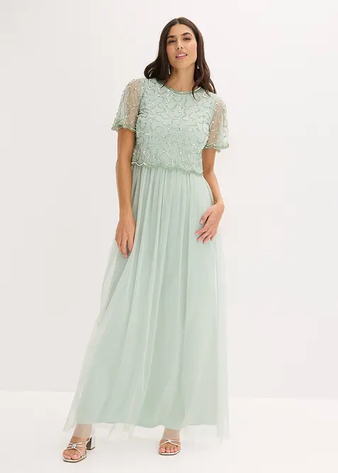 Abito lungo in fine tulle con ricamo e paillettes, bonprix