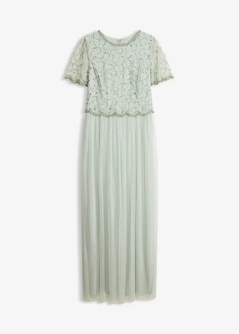 Abito lungo in fine tulle con ricamo e paillettes, bonprix