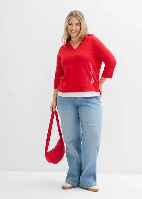 Maglia con cappuccio e maniche a 3/4 in puro cotone, bonprix