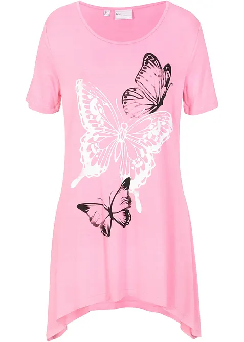 Maglia lunga con fondo asimmetrico a punte e farfalle, bonprix