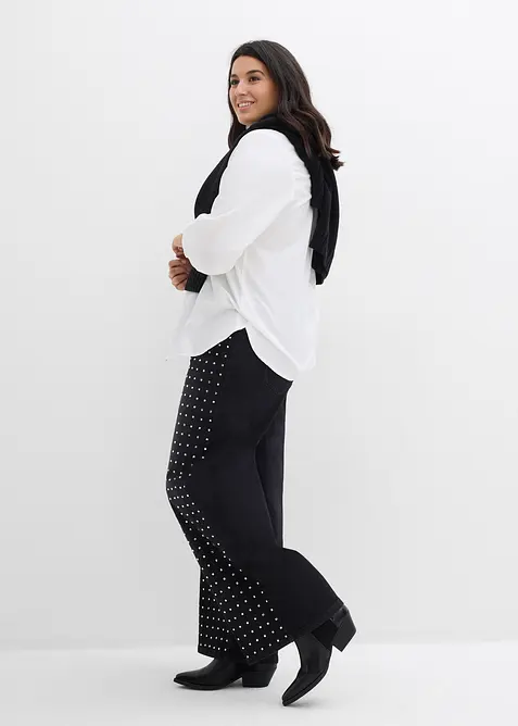 Jeans wide leg con applicazione di strass, vita media, bonprix
