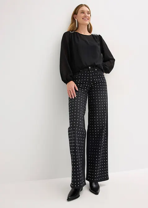 Jeans wide leg con applicazione di strass, vita media, bonprix