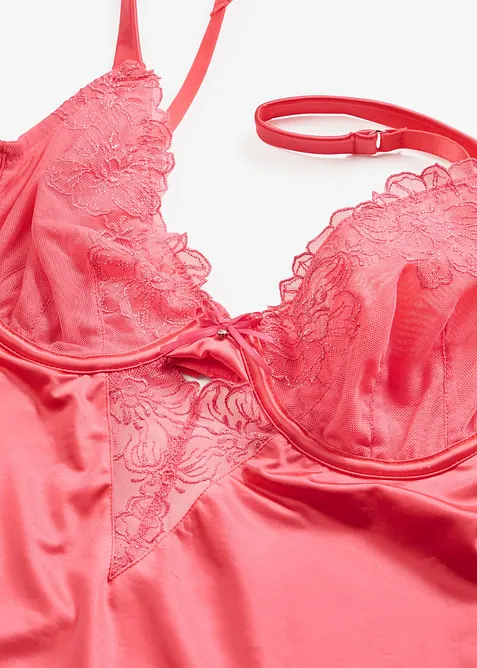 Baby-doll in materiale lucido con ricami floreali, bonprix