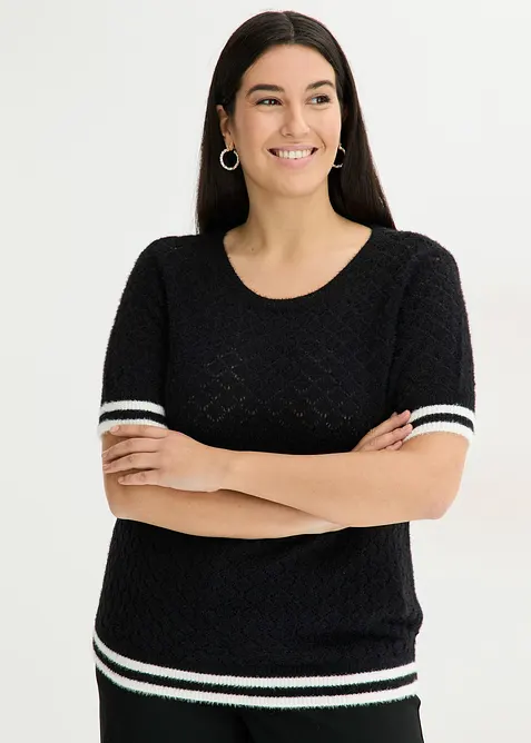 Maglione traforato a maniche corte con filato piumato, bonprix