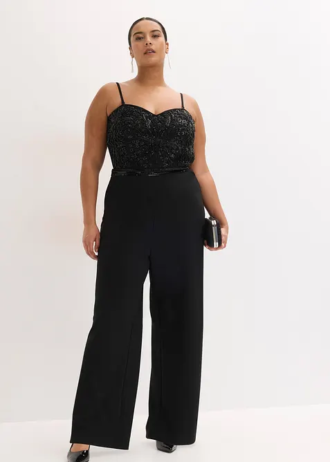 Tuta elegante in cr&ecirc;pe operato con ricamo con perline, bonprix