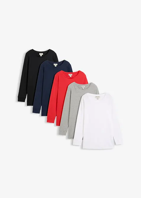 Maglia lunga con scollo rotondo e maniche lunghe  (pacco da 5), bonprix