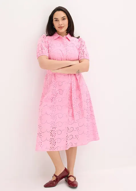 Abito con ricami traforati in puro cotone, bonprix