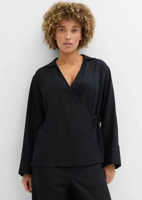 Blusa a portafoglio in misto lino, bonprix