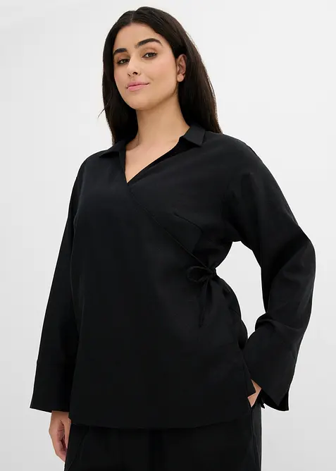 Blusa a portafoglio in misto lino, bonprix