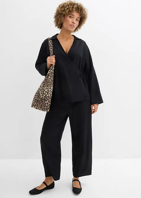 Blusa a portafoglio in misto lino, bonprix