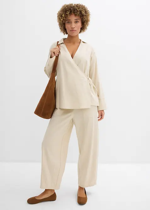 Blusa a portafoglio in misto lino, bonprix