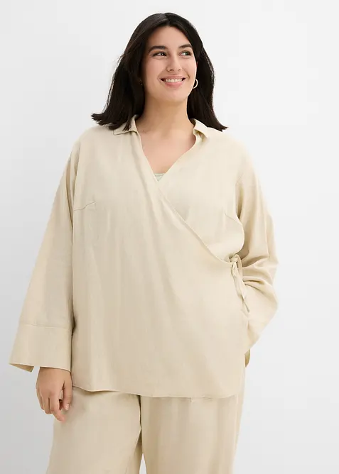 Blusa a portafoglio in misto lino, bonprix