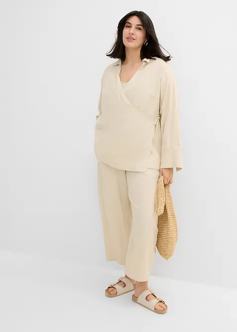 Blusa a portafoglio in misto lino, bonprix