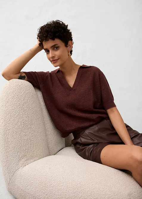 Polo in maglia traforata di misto lino, bonprix