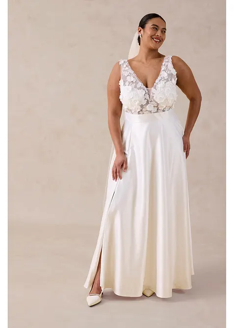 Abito da sposa in satin lucido con applicazione floreale, bonprix