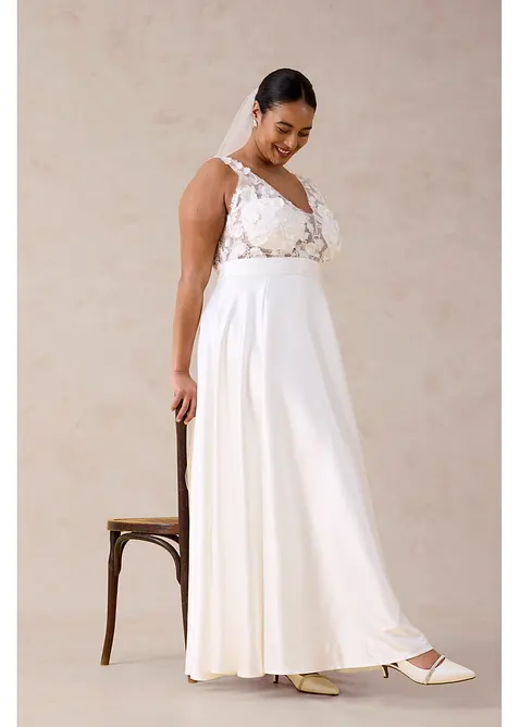 Abito da sposa in satin lucido con applicazione floreale, bonprix