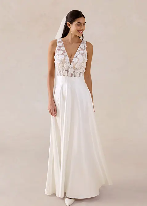 Abito da sposa in satin lucido con applicazione floreale, bonprix