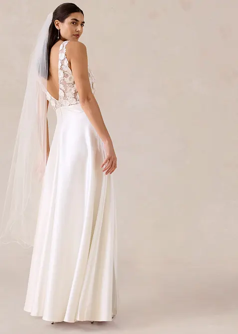 Abito da sposa in satin lucido con applicazione floreale, bonprix