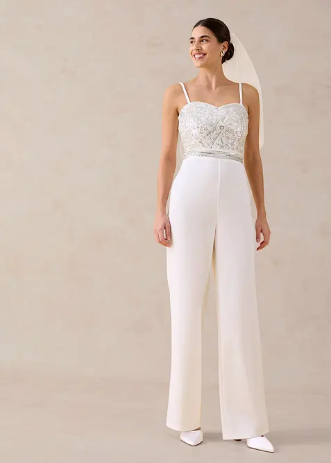 Tuta elegante in cr&ecirc;pe operato con ricamo con perline, bonprix