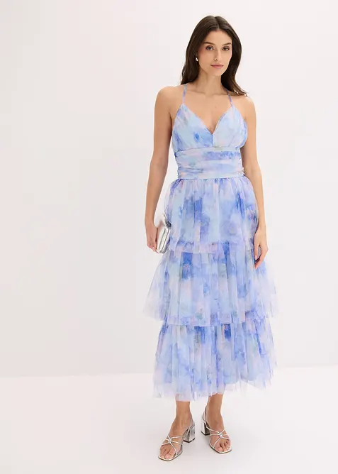 Abito midi in tulle fine con volant, bonprix