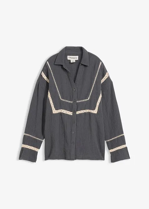 Blusa in mussola con inserti di pizzo, bonprix