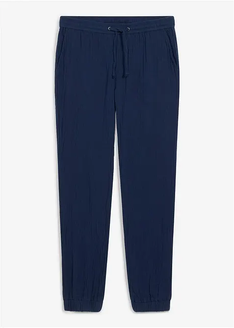 Pantaloni in mussola di puro cotone con elastico in vita regular fit, tapered, bonprix