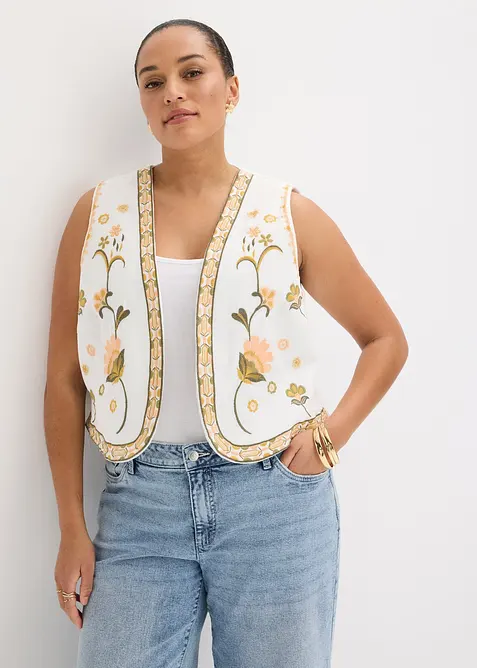 Gilet ricamato in misto lino vaporoso, bonprix