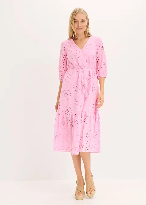Abito midi in puro cotone con ricami traforati, bonprix