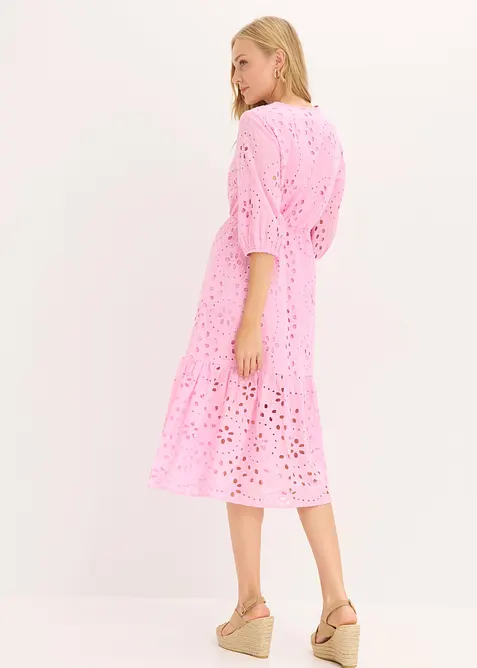 Abito midi in puro cotone con ricami traforati, bonprix