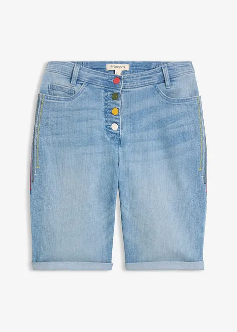Bermuda in jeans con ricami e cinta comoda, vita media, bonprix