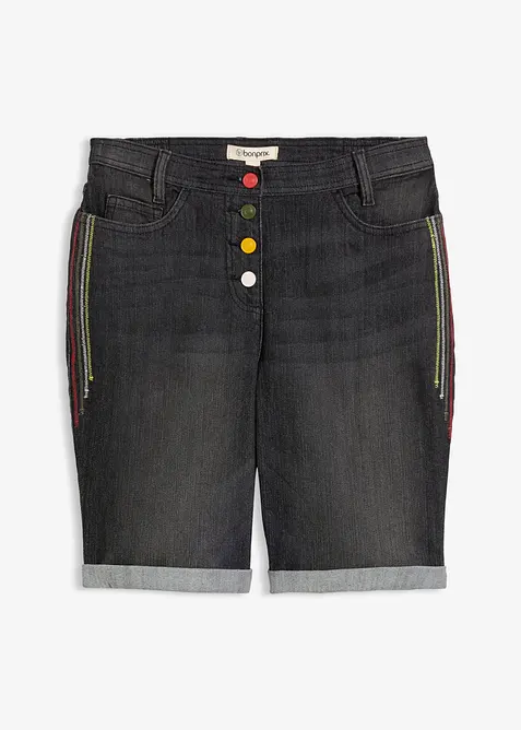 Bermuda in jeans con ricami e cinta comoda, vita media, bonprix
