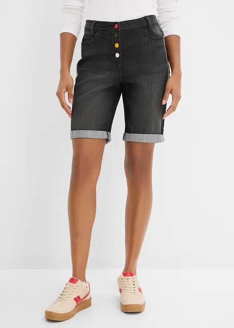 Bermuda in jeans con ricami e cinta comoda, vita media, bonprix