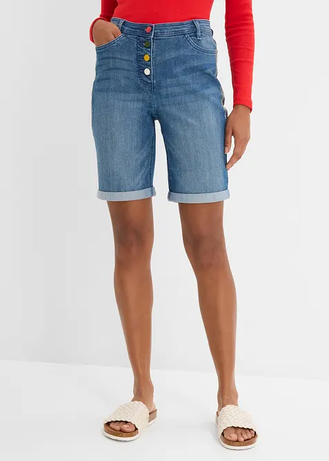Bermuda in jeans con ricami e cinta comoda, vita media, bonprix