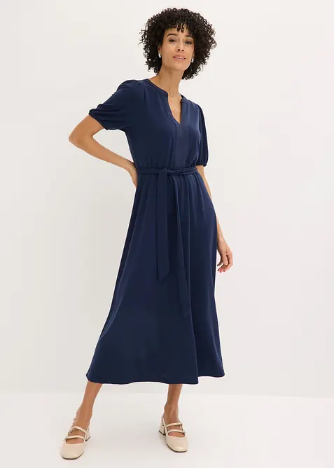 Abito midi in piquet di viscosa con inserto di satin, bonprix