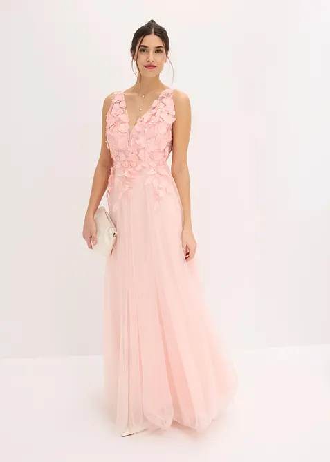 Abito lungo in tulle delicato con fiori applicati, bonprix