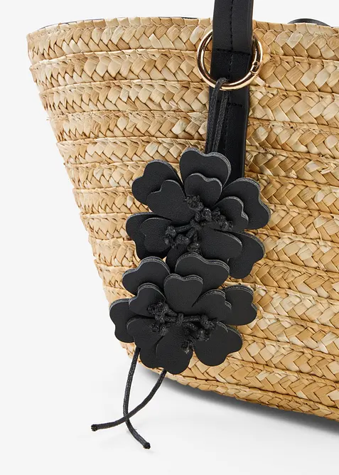 Borsa shopper effetto paglia con ciondolo a forma di fiori, bonprix