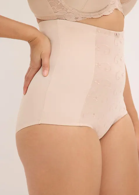 Slip contenitivo a vita alta con effetto modellante forte, cotone e ricami, bonprix