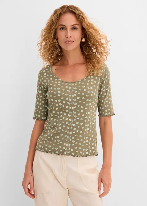 Maglia a costine a mezze maniche con stampa a fiori, bonprix
