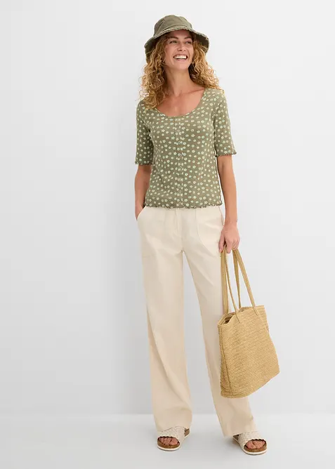 Maglia a costine a mezze maniche con stampa a fiori, bonprix