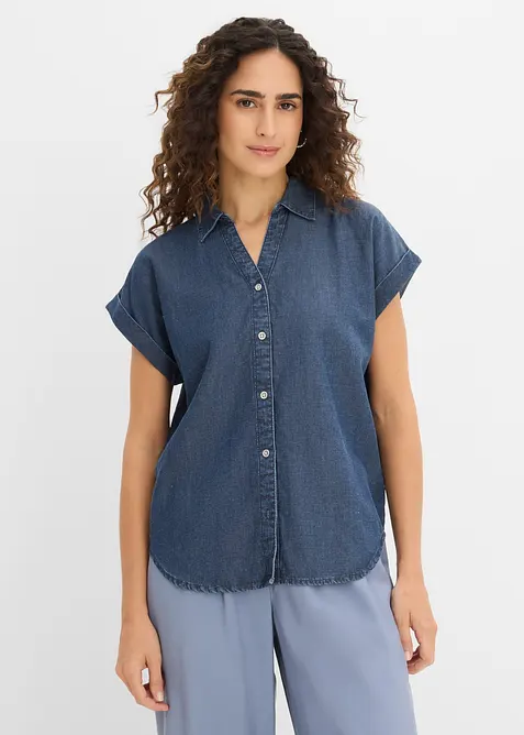 Camicetta di jeans a maniche corte con lino, bonprix