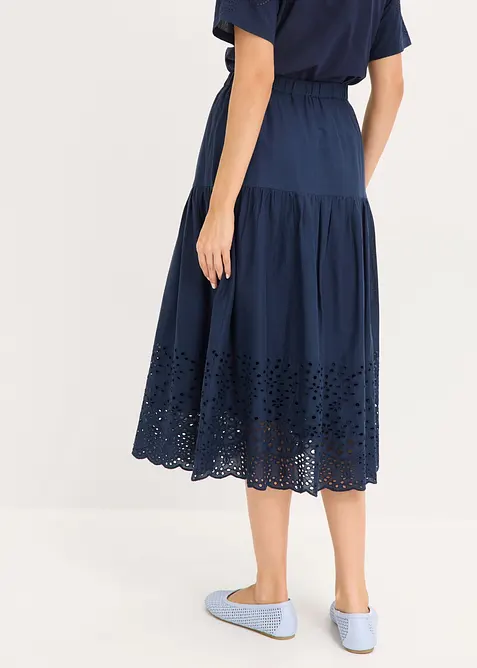 Gonna midi in puro cotone con ricami traforati, bonprix