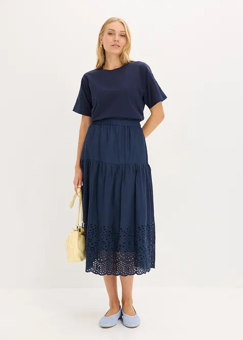 Gonna midi in puro cotone con ricami traforati, bonprix