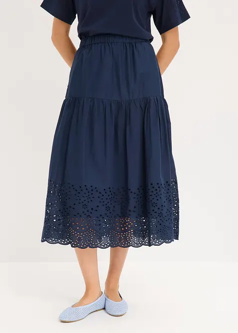 Gonna midi in puro cotone con ricami traforati, bonprix