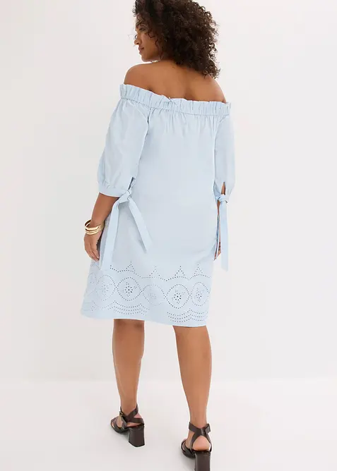 Abito a spalle scoperte in puro cotone con ricami traforati, bonprix